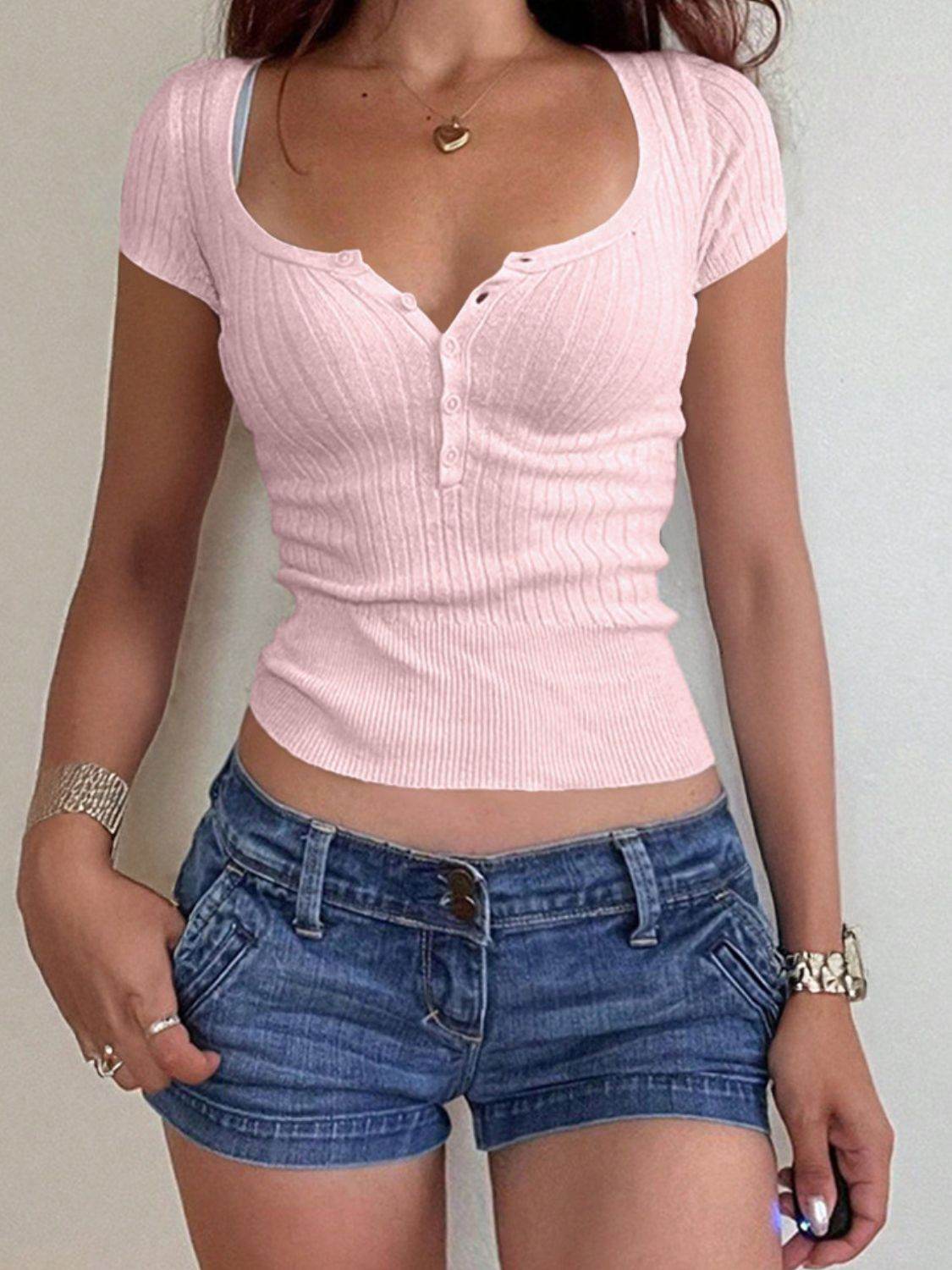 Half Button Scoop Neck Short Sleeve Knit Top - DaTrendStore.Com