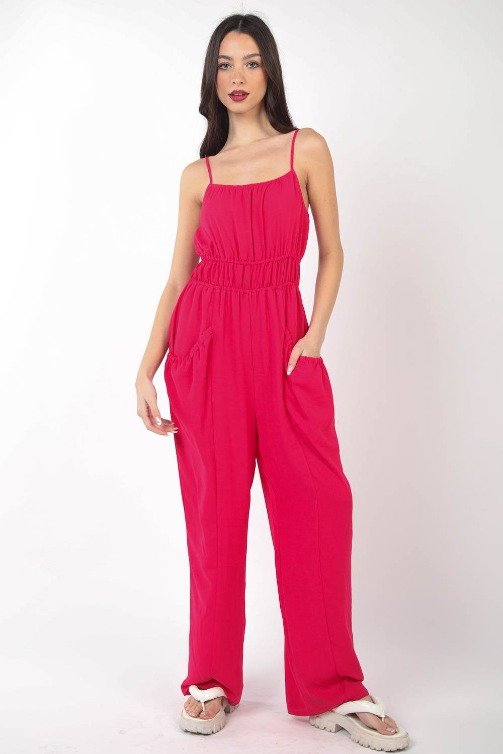 VERY J Pintuck Detail Woven Sleeveless Jumpsuit - DaTrendStore.Com