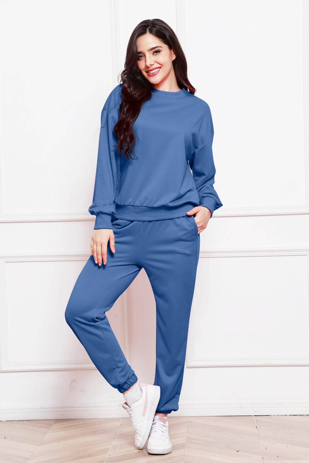 Round Neck Long Sleeve Sweatshirt and Pants Set - DaTrendStore.Com