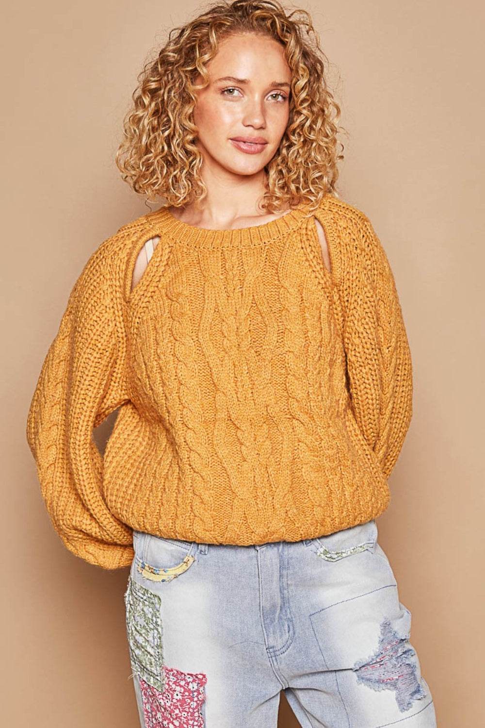 POL Cable Knit Cutout Long Sleeve Sweater - DaTrendStore.Com