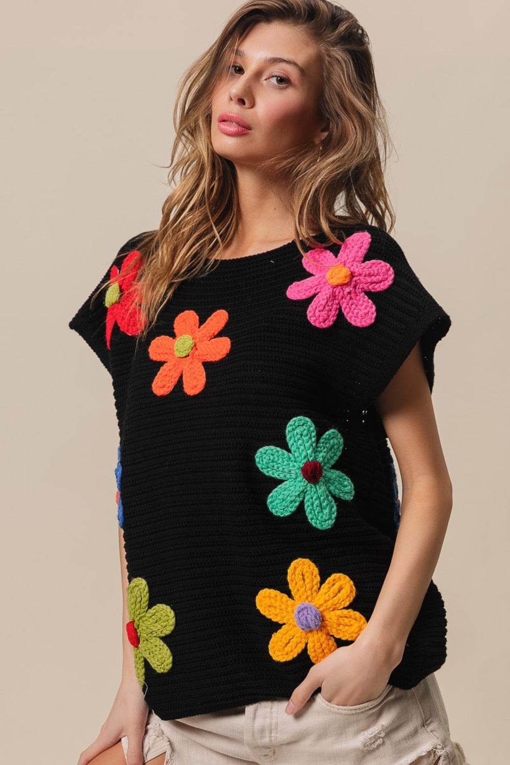 BiBi Flower Round Neck Cap Sleeve Knit Top - DaTrendStore.Com