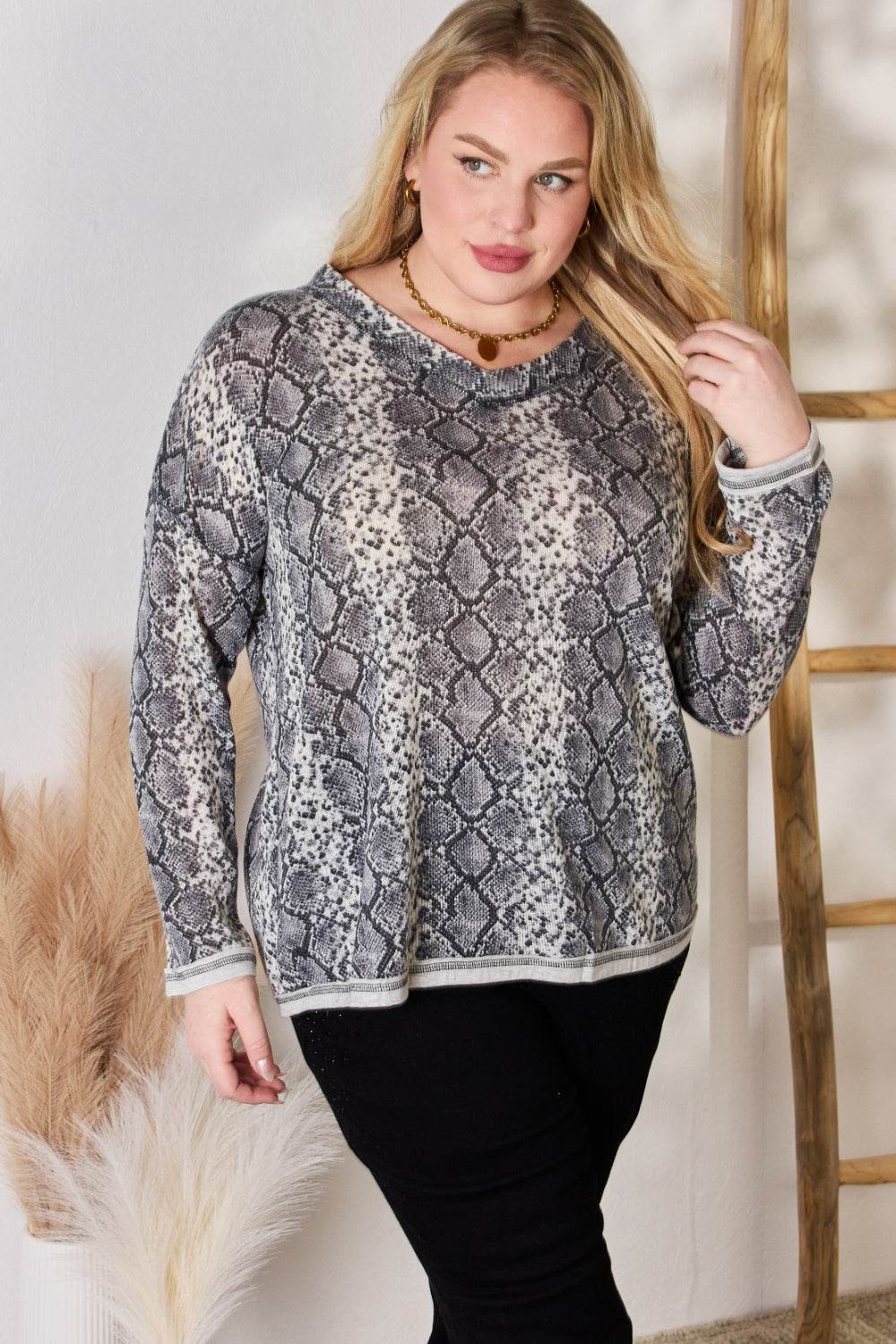 Hailey & Co Full Size Snakeskin V-Neck Long Sleeve Top - DaTrendStore.Com