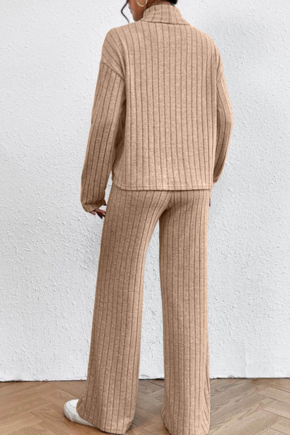 Mock Neck Dropped Shoulder Top and Pants Set - DaTrendStore.Com