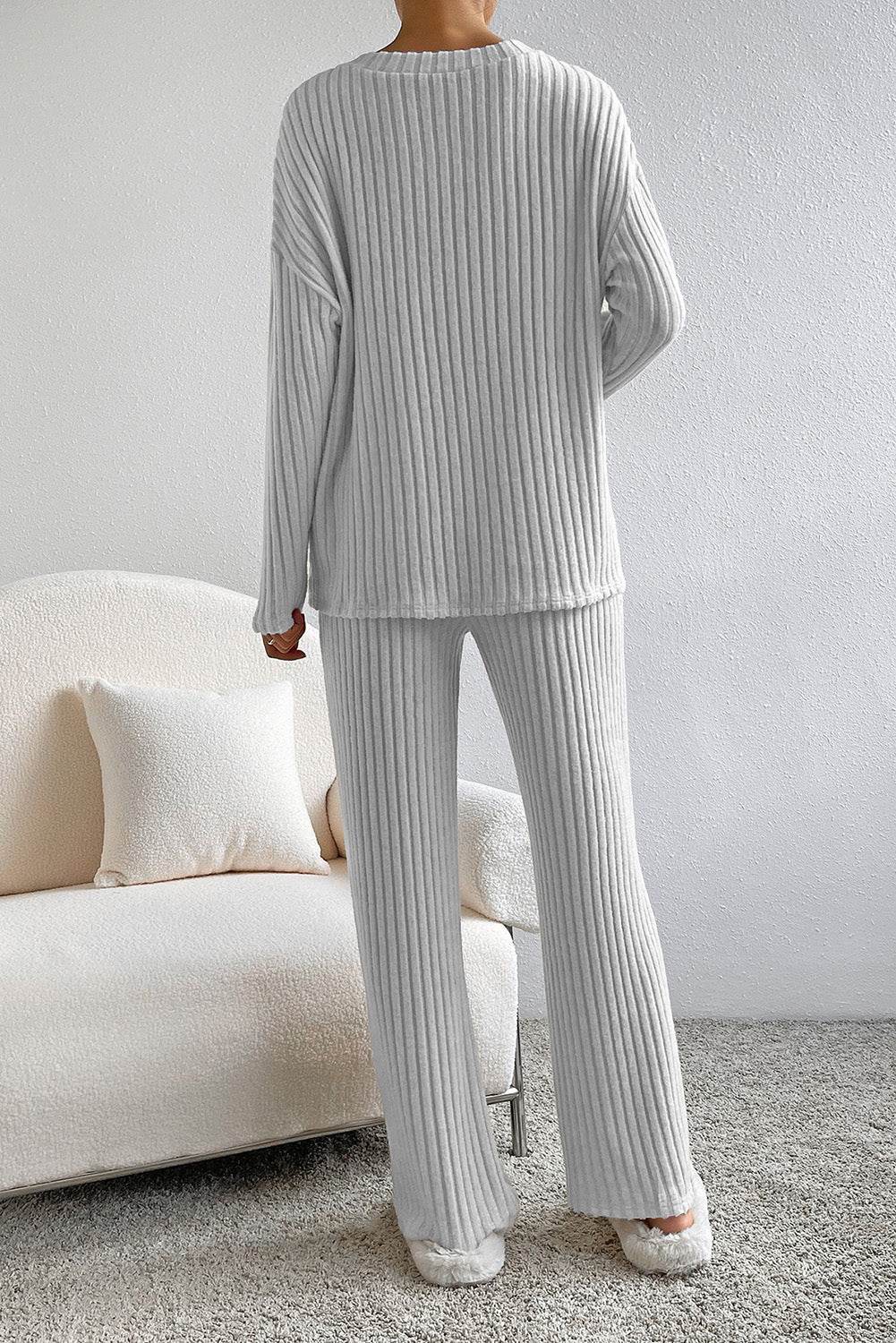 Ribbed V-Neck Top and Pants Lounge Set - DaTrendStore.Com