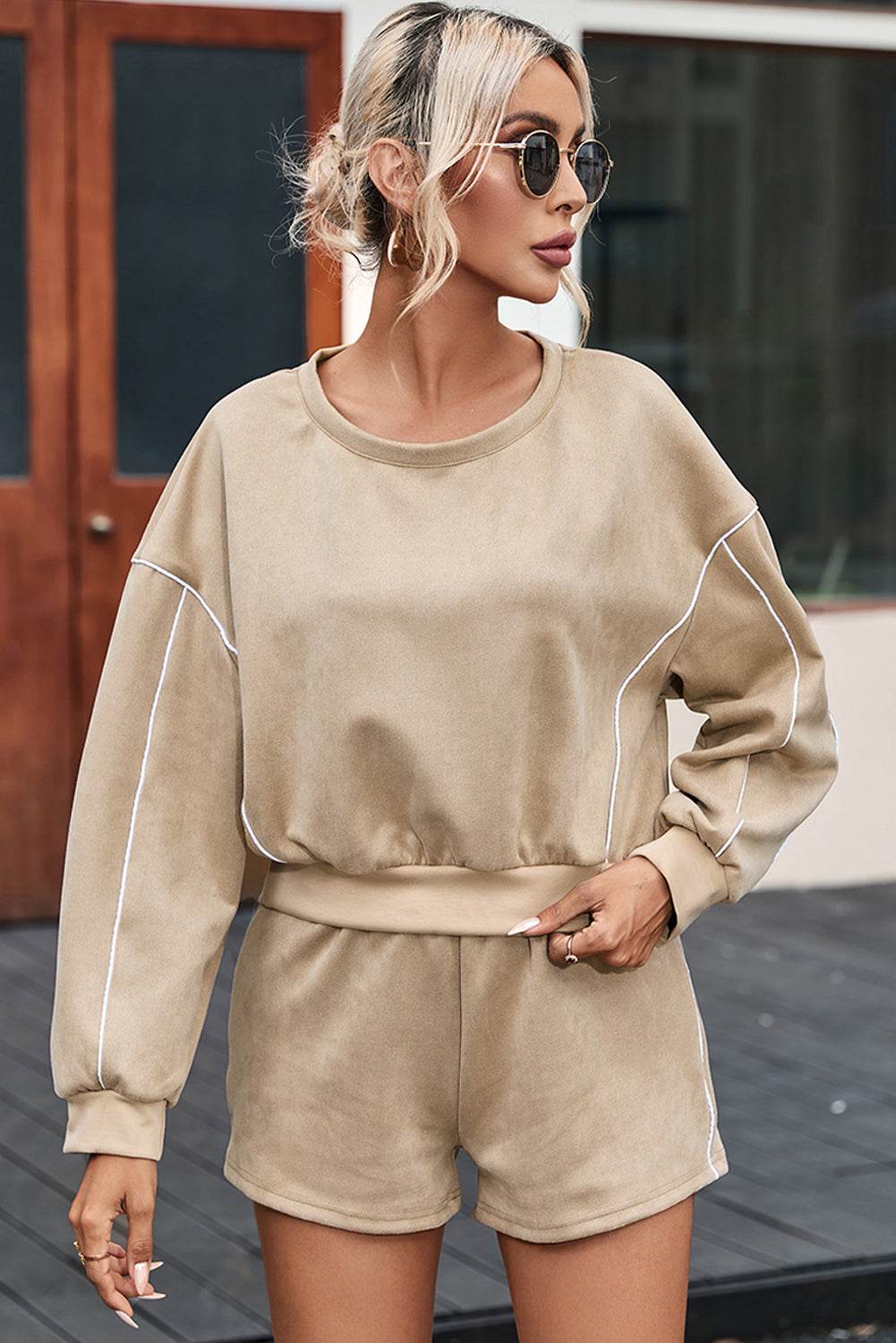Round Neck Cropped Top and Shorts Set - DaTrendStore.Com