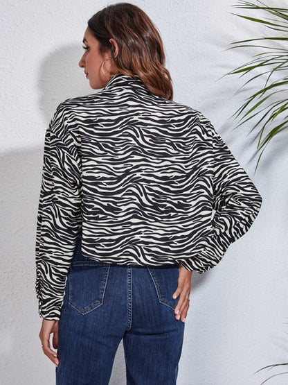 Zebra Print Button Up Collared Neck Cropped Jacket