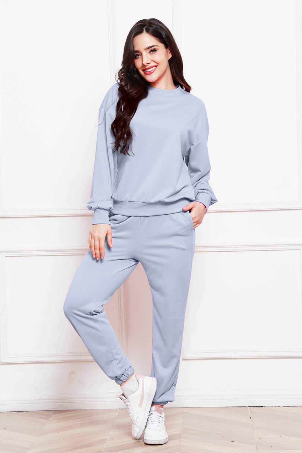 Round Neck Long Sleeve Sweatshirt and Pants Set - DaTrendStore.Com