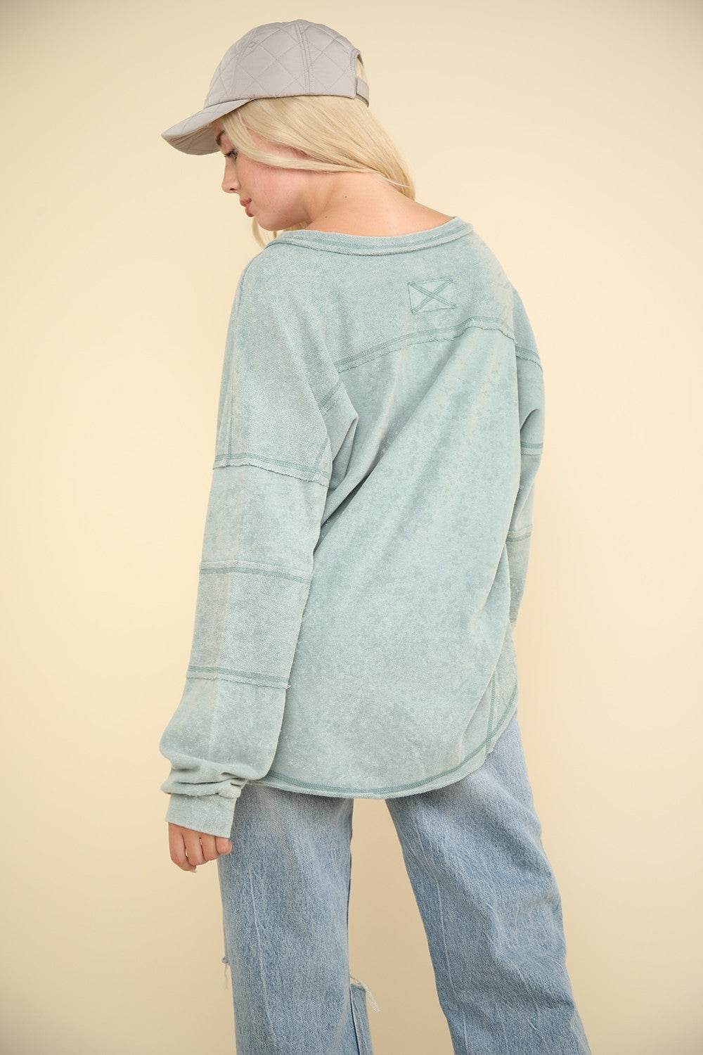 VERY J Washed V-Neck Exposed Seam Knit Top - DaTrendStore.Com