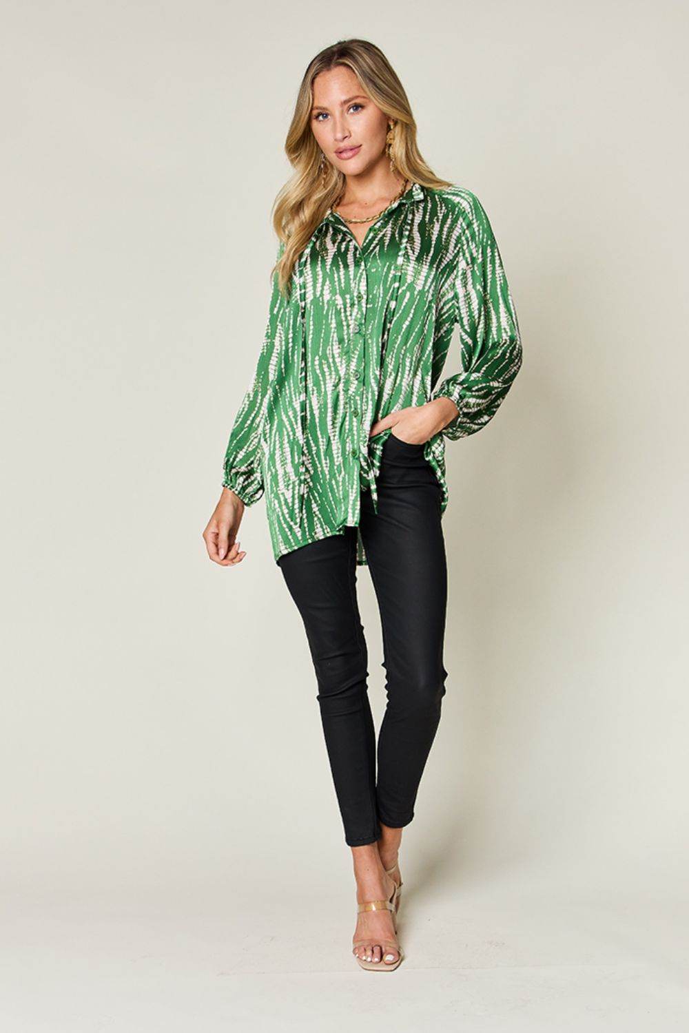 Double Take Full Size Printed Button Up Long Sleeve Shirt - DaTrendStore.Com