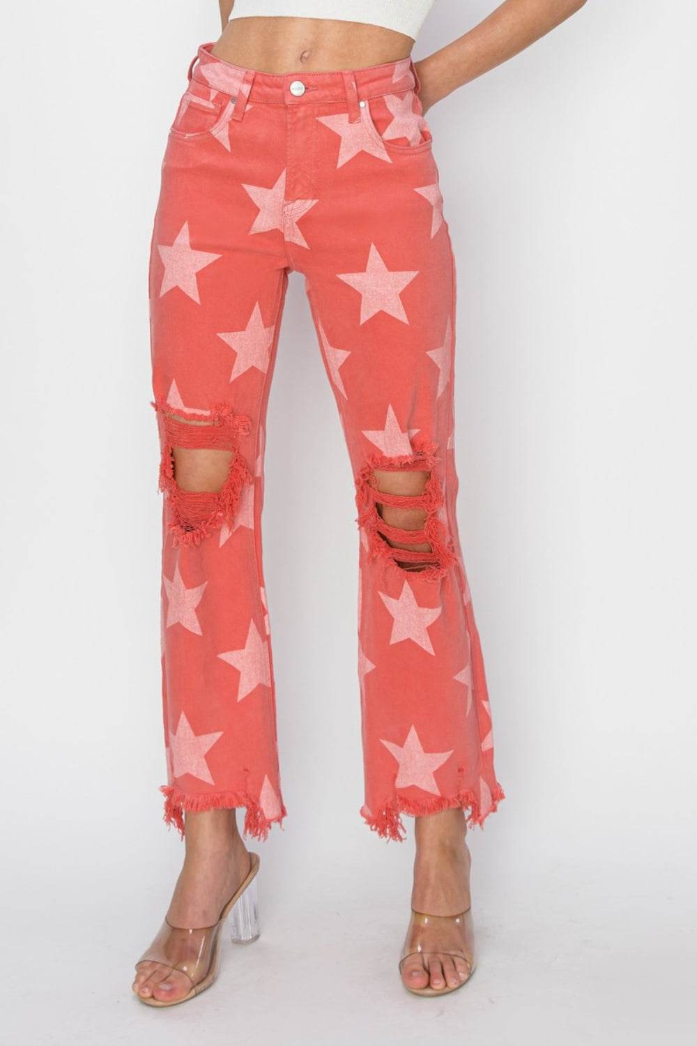RISEN Full Size Distressed Raw Hem Star Pattern Jeans - DaTrendStore.Com