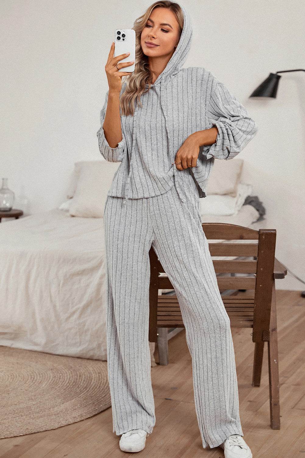 Ribbed Drawstring Hoodie and Pants Lounge Set - DaTrendStore.Com
