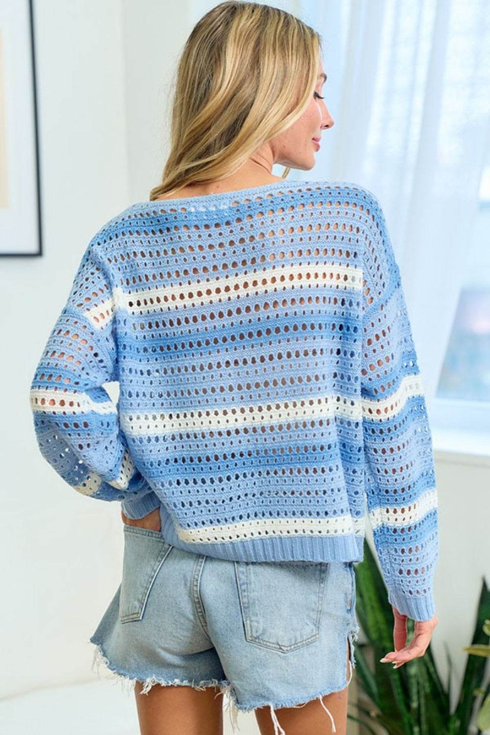 First Love Striped Long Sleeve Openwork Knit Top - DaTrendStore.Com