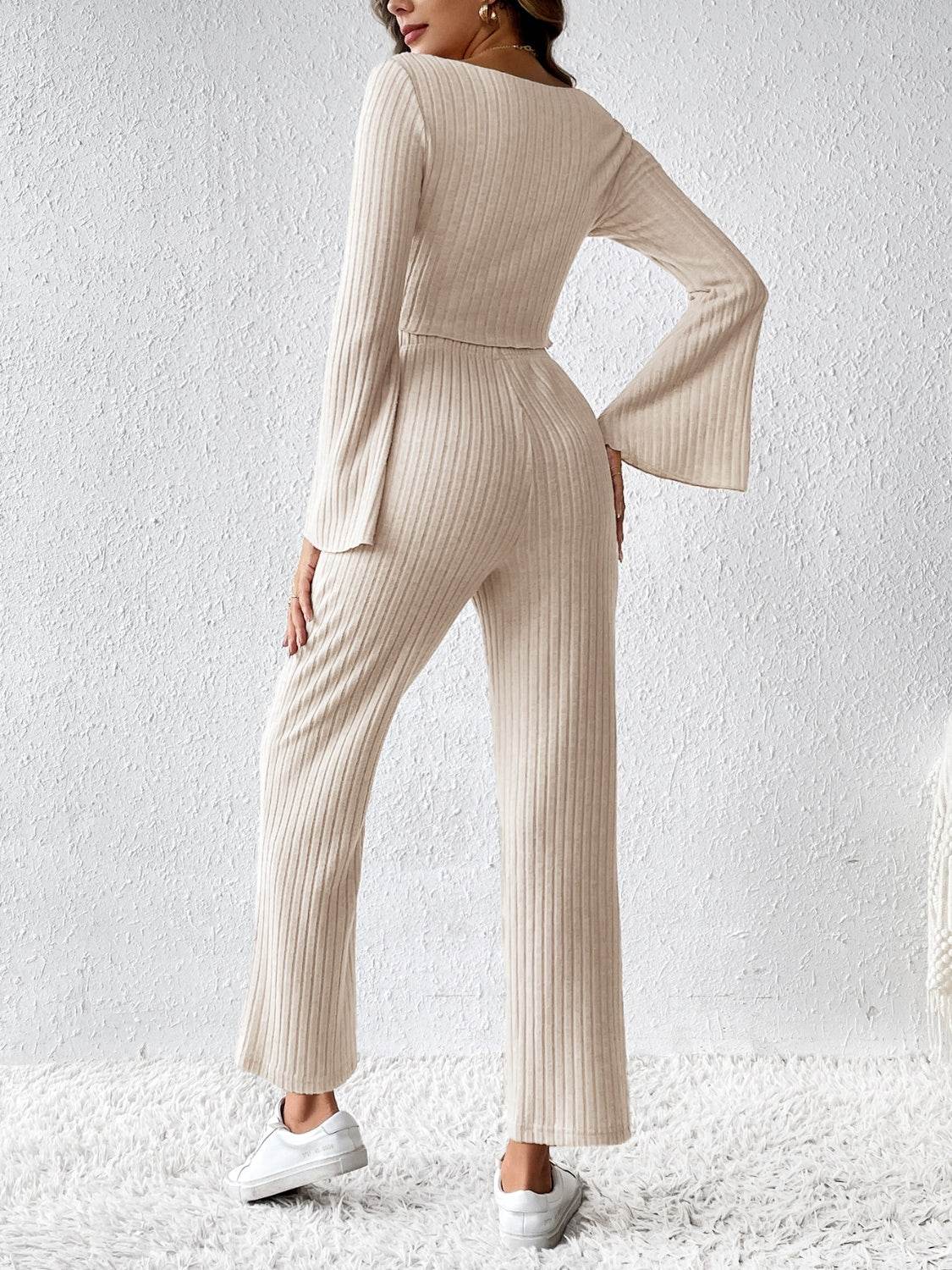 Ribbed Flare Sleeve Top and Pants Set - DaTrendStore.Com