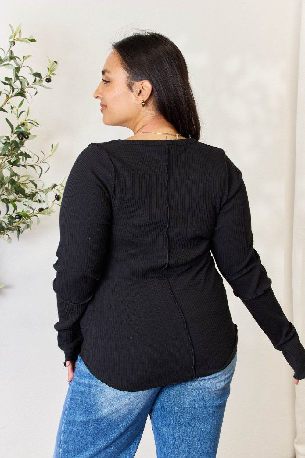 Culture Code Full Size Ribbed Round Neck Long Sleeve Top - DaTrendStore.Com