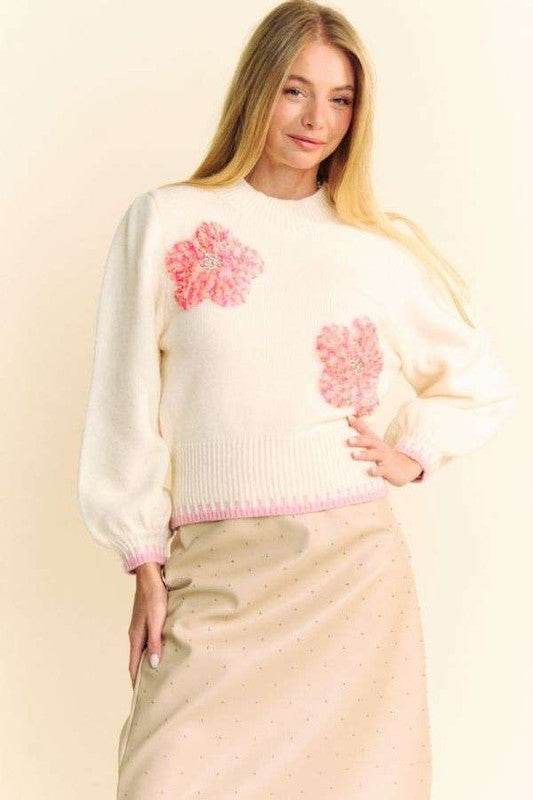Davi & Dani Flower Patch Fuzzy Mock Neck Sweater - DaTrendStore.Com