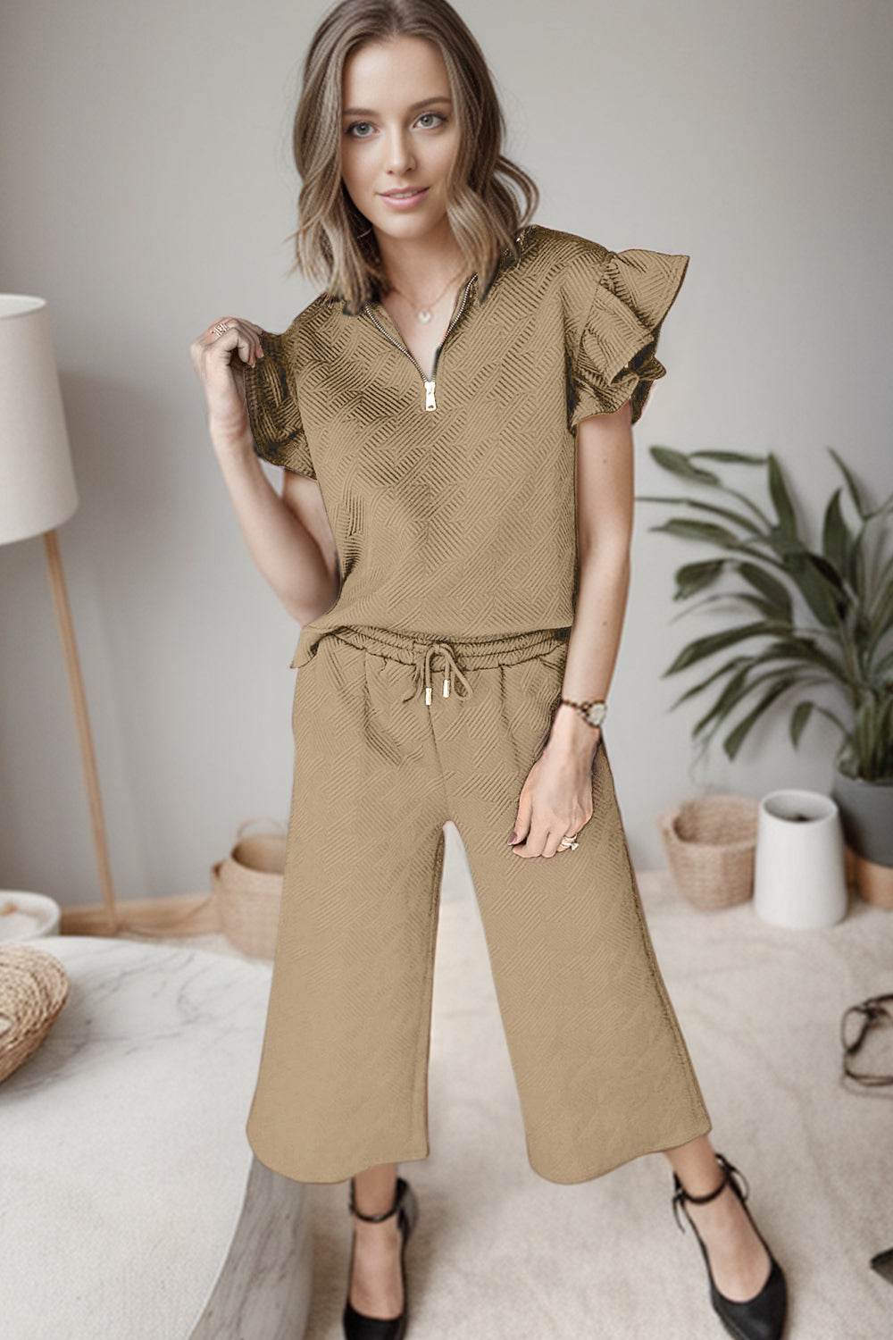 Ruffled Quarter Zip Top and Drawstring Pants Set - DaTrendStore.Com