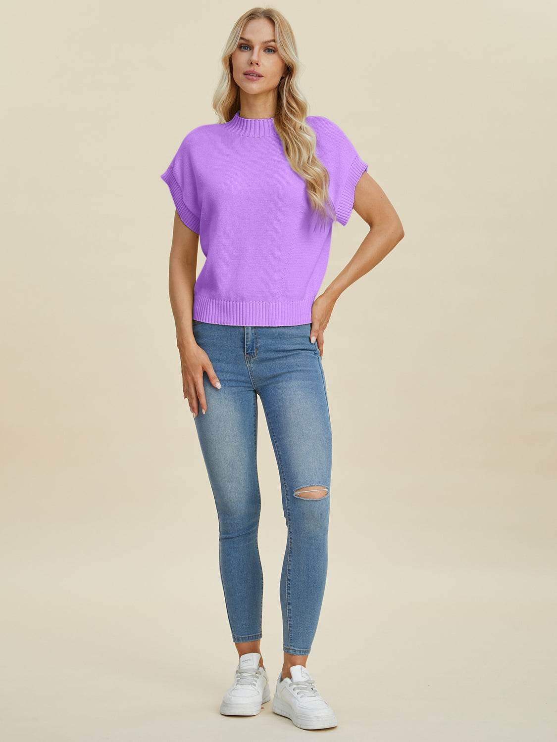 Double Take Full Size Mock Neck Short Sleeve Sweater - DaTrendStore.Com