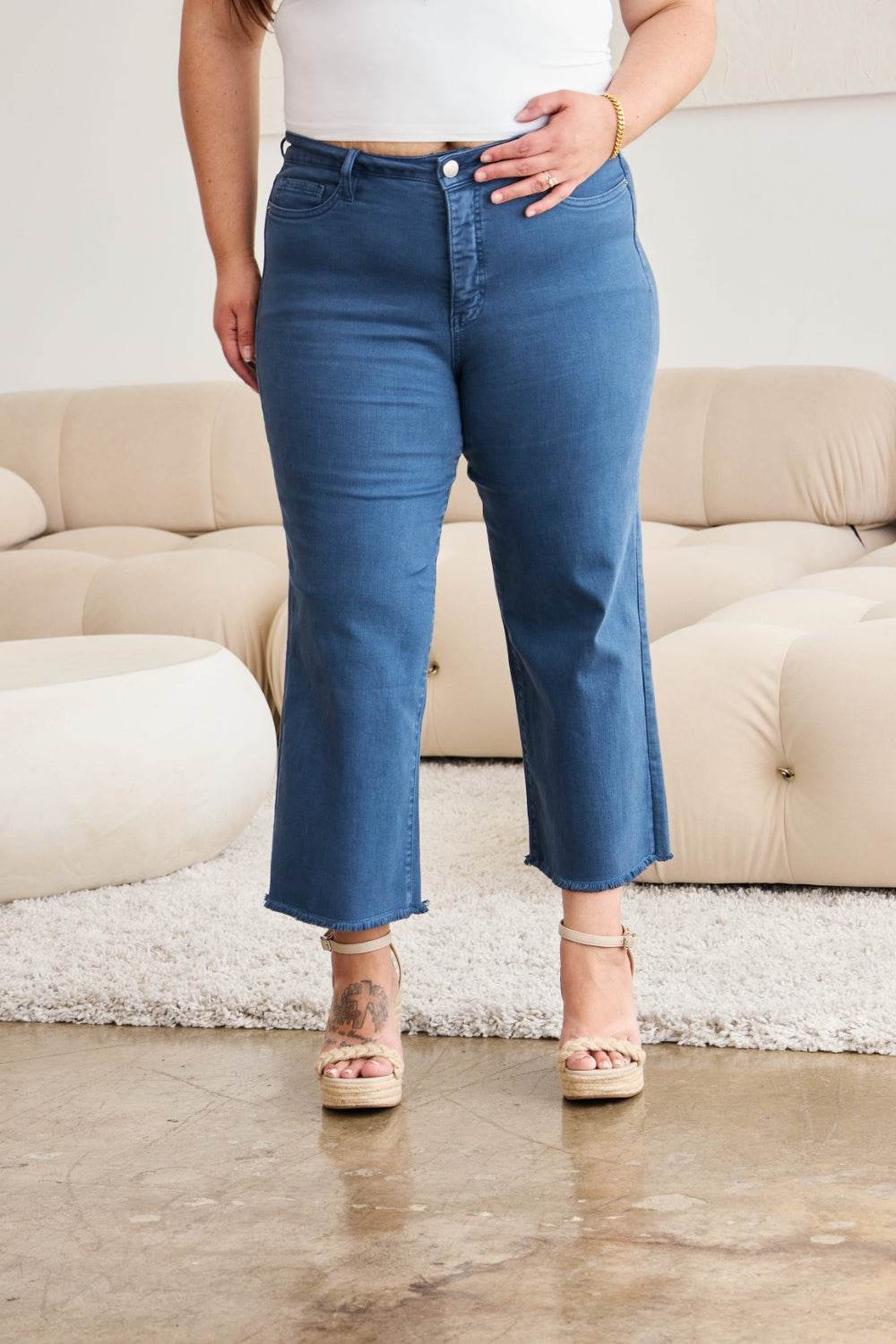 RFM Crop Chloe Full Size Tummy Control High Waist Raw Hem Jeans - DaTrendStore.Com