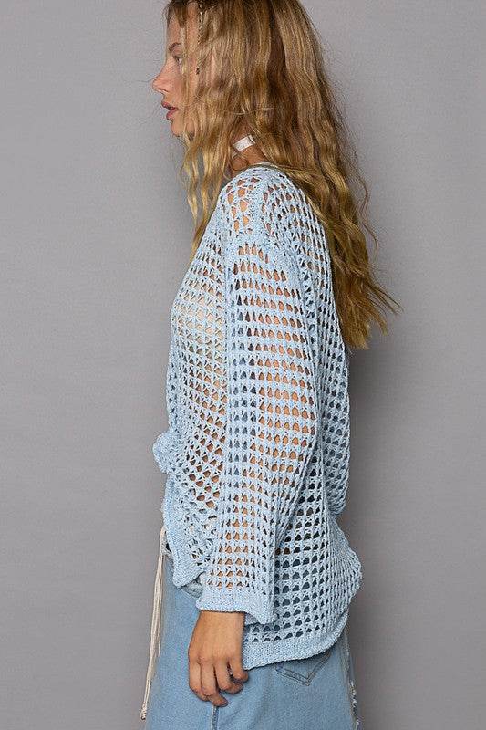 POL Side Slit Openwork Long Sleeve Knit Cover Up - DaTrendStore.Com