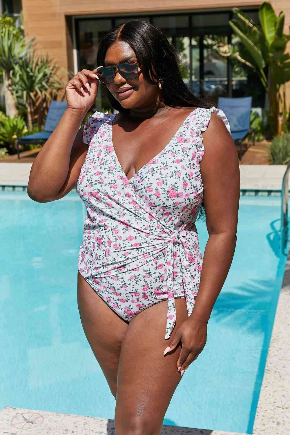 Marina West Swim Full Size Float On Ruffle Faux Wrap One-Piece in Roses Off-White - DaTrendStore.Com
