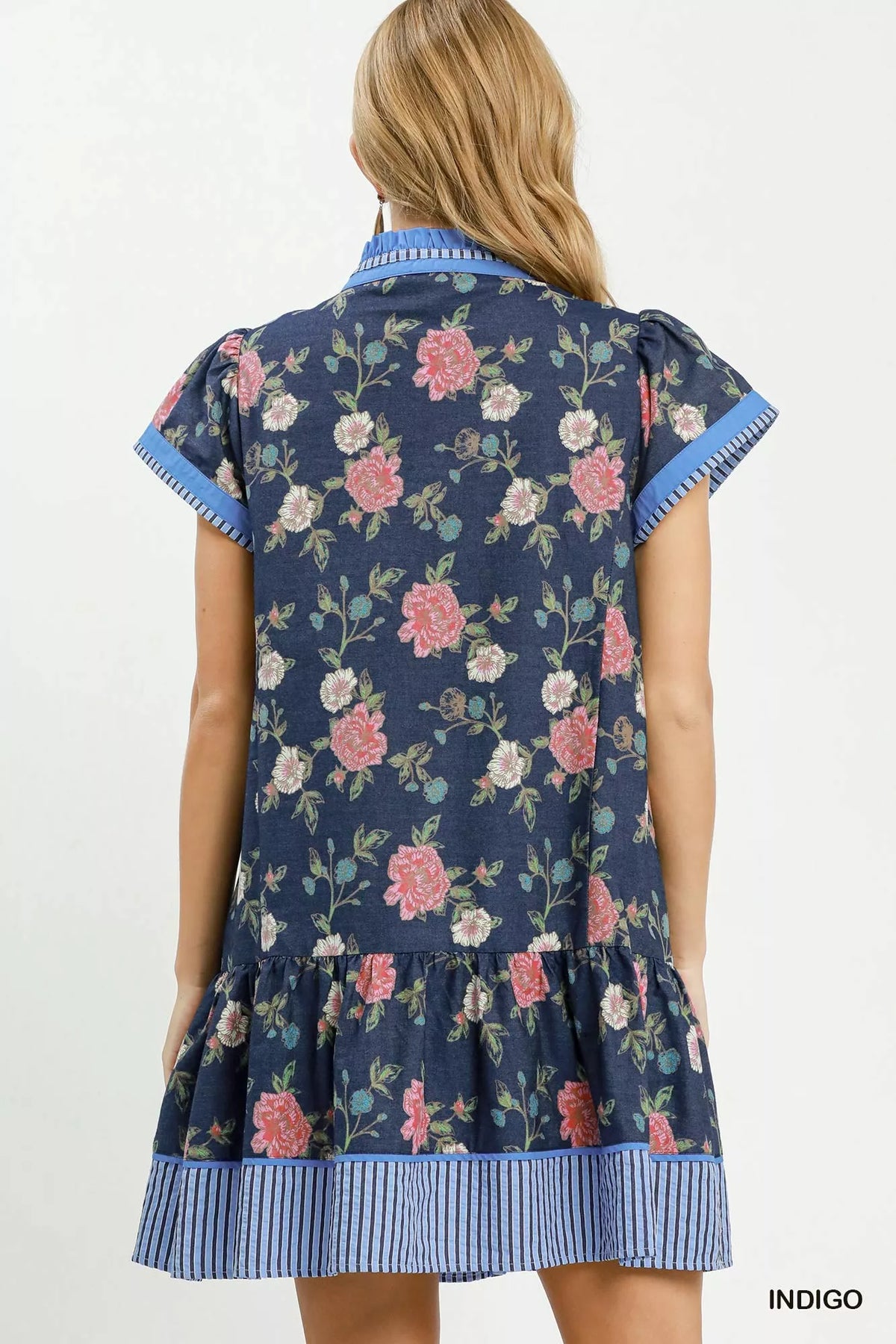Umgee Floral Contrast Trim Ruffle Hem Mini Dress - Indigo