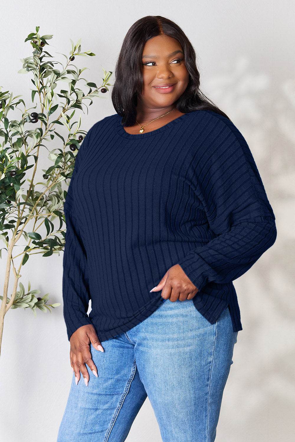 Basic Bae Full Size Ribbed Round Neck Slit Knit Top - DaTrendStore.Com