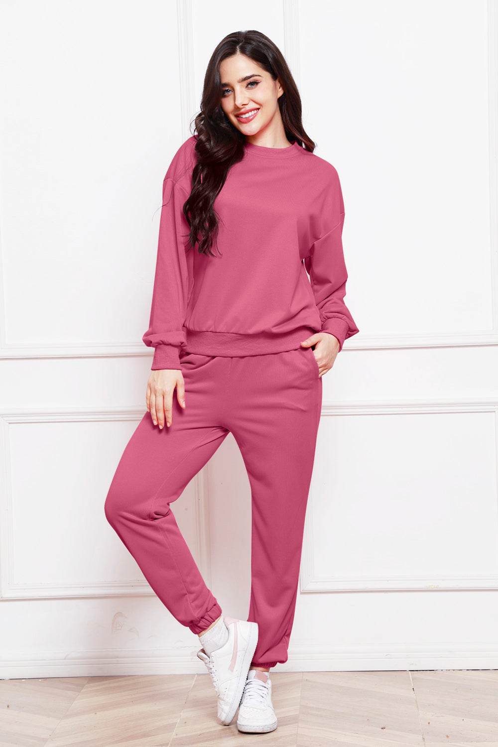 Round Neck Long Sleeve Sweatshirt and Pants Set - DaTrendStore.Com