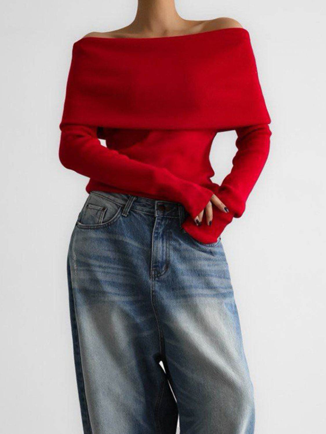 Off-Shoulder Long Sleeve Knit Top - DaTrendStore.Com