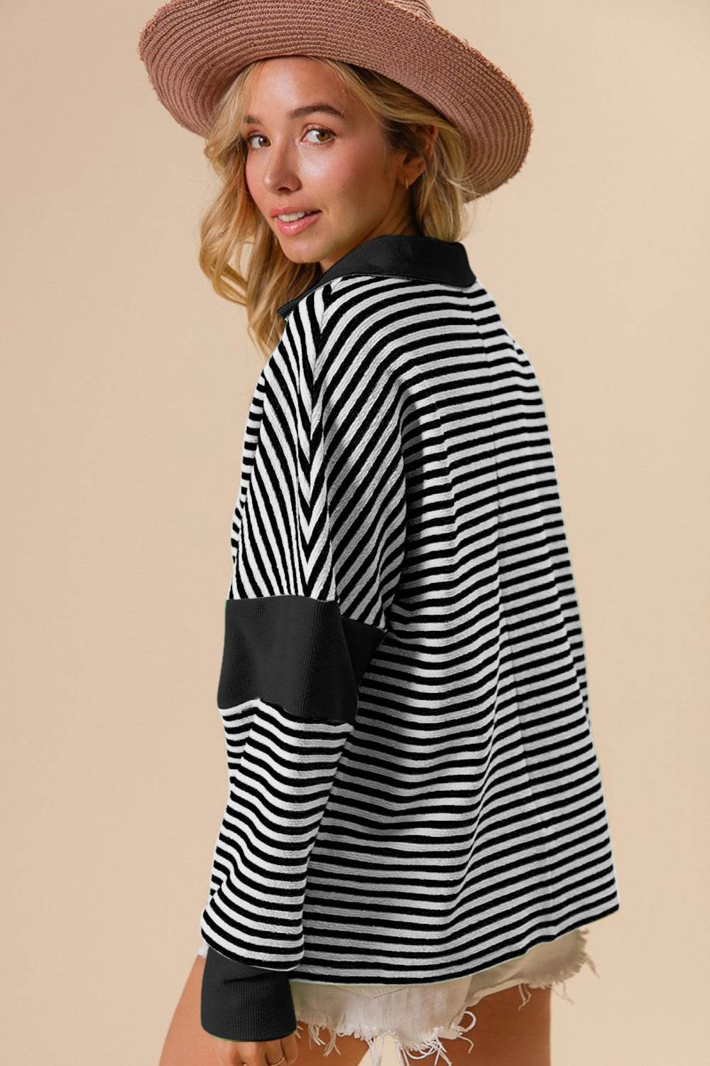 BiBi Striped Contrast Long Sleeve Knit Top - DaTrendStore.Com