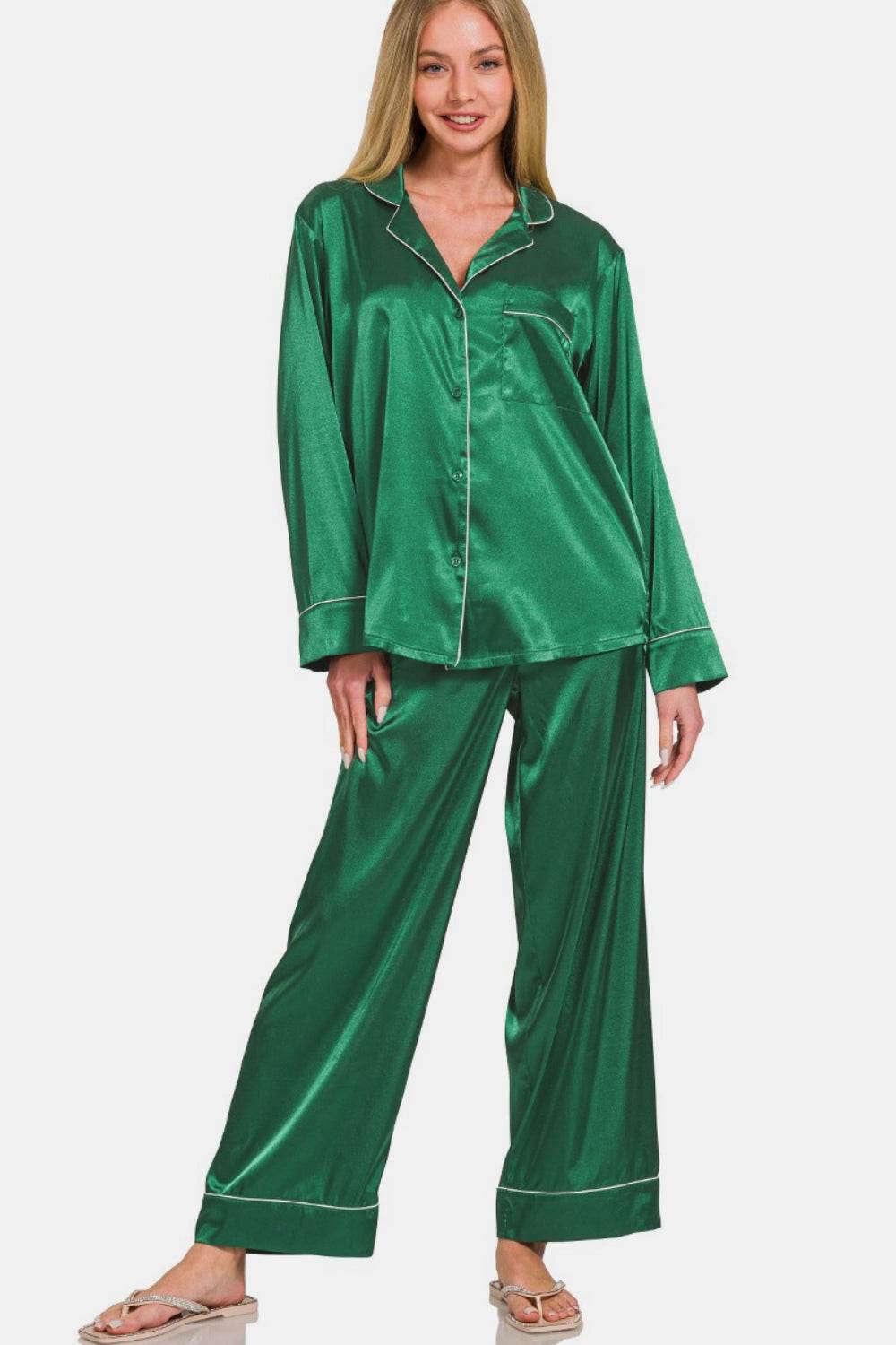 Zenana Satin Long Sleeve Shirt and Pants Pajama Set - DaTrendStore.Com