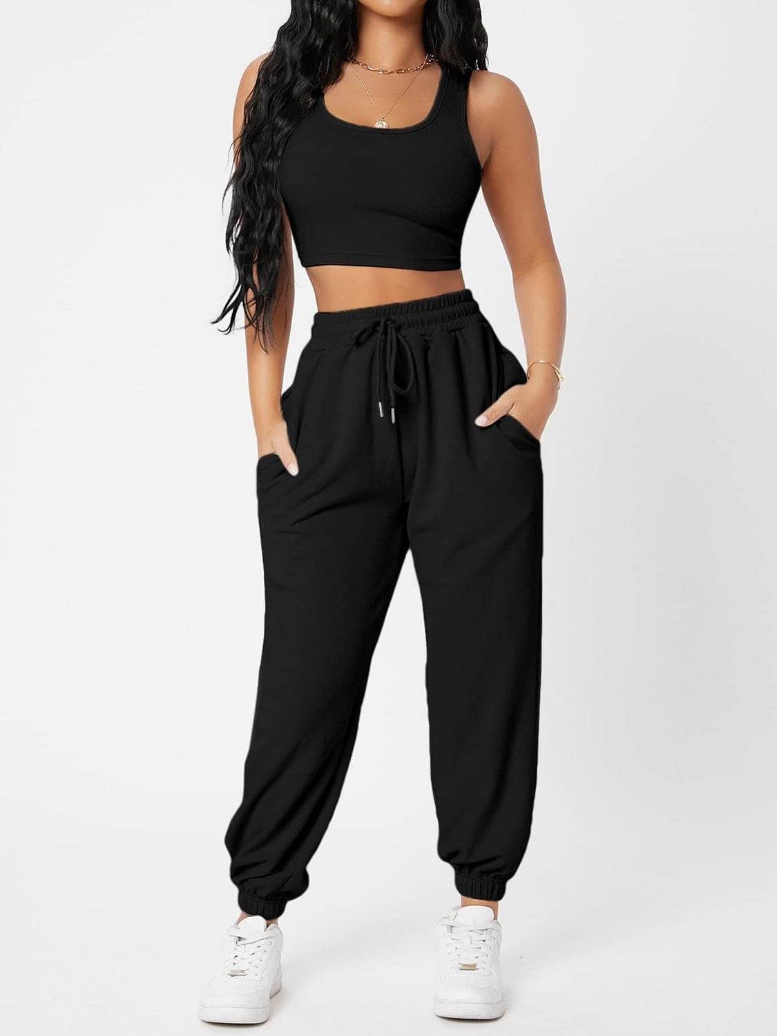 Wide Strap Top and Drawstring Joggers Set - DaTrendStore.Com