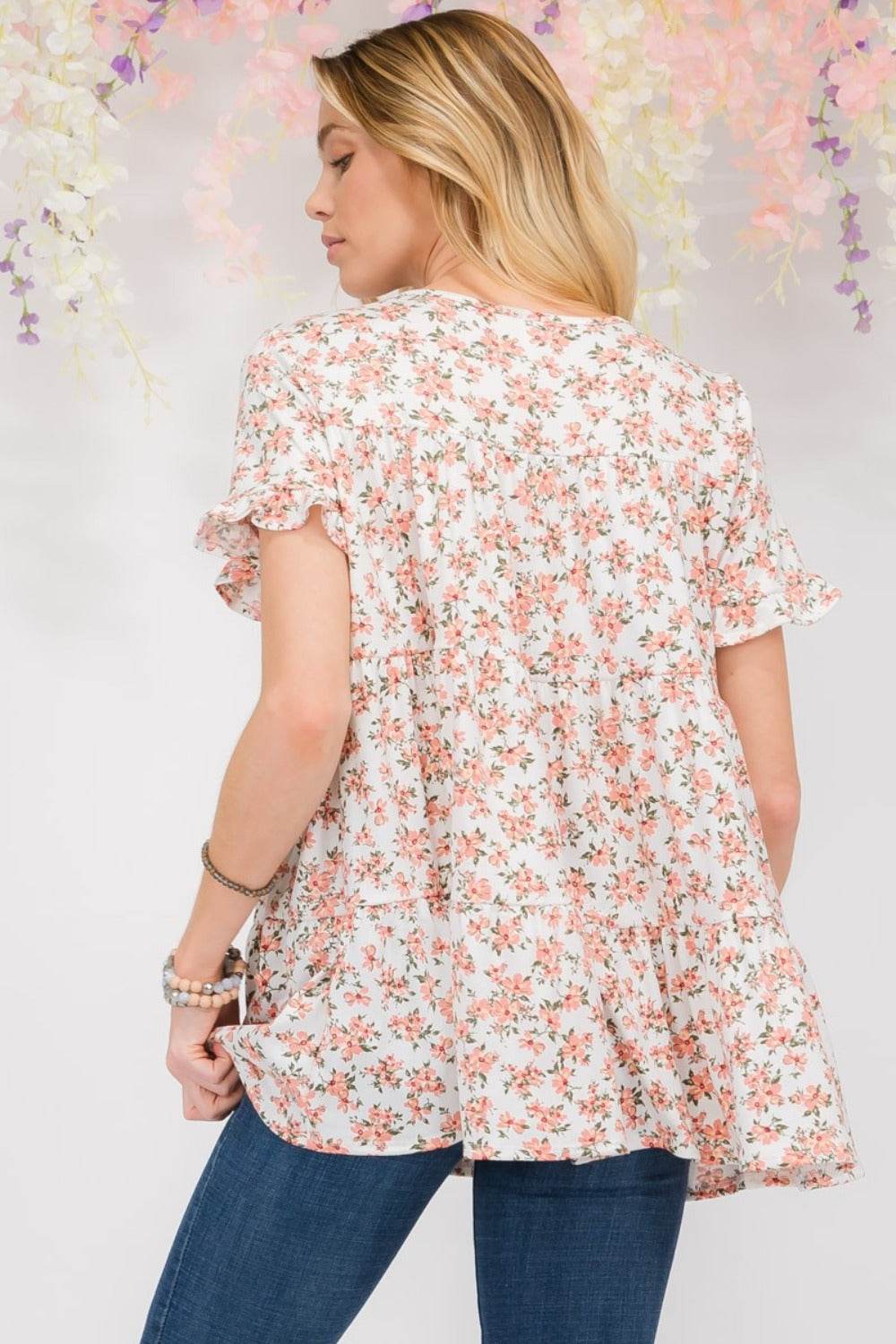 Celeste Full Size Floral Ruffled Short Sleeve Blouse - DaTrendStore.Com
