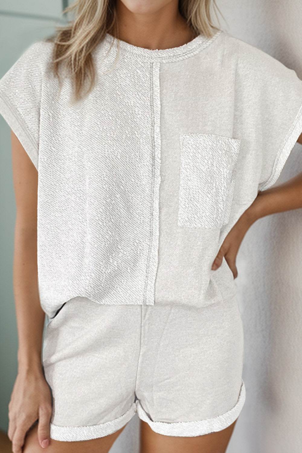 Pocketed Round Neck Top and Shorts Set - DaTrendStore.Com