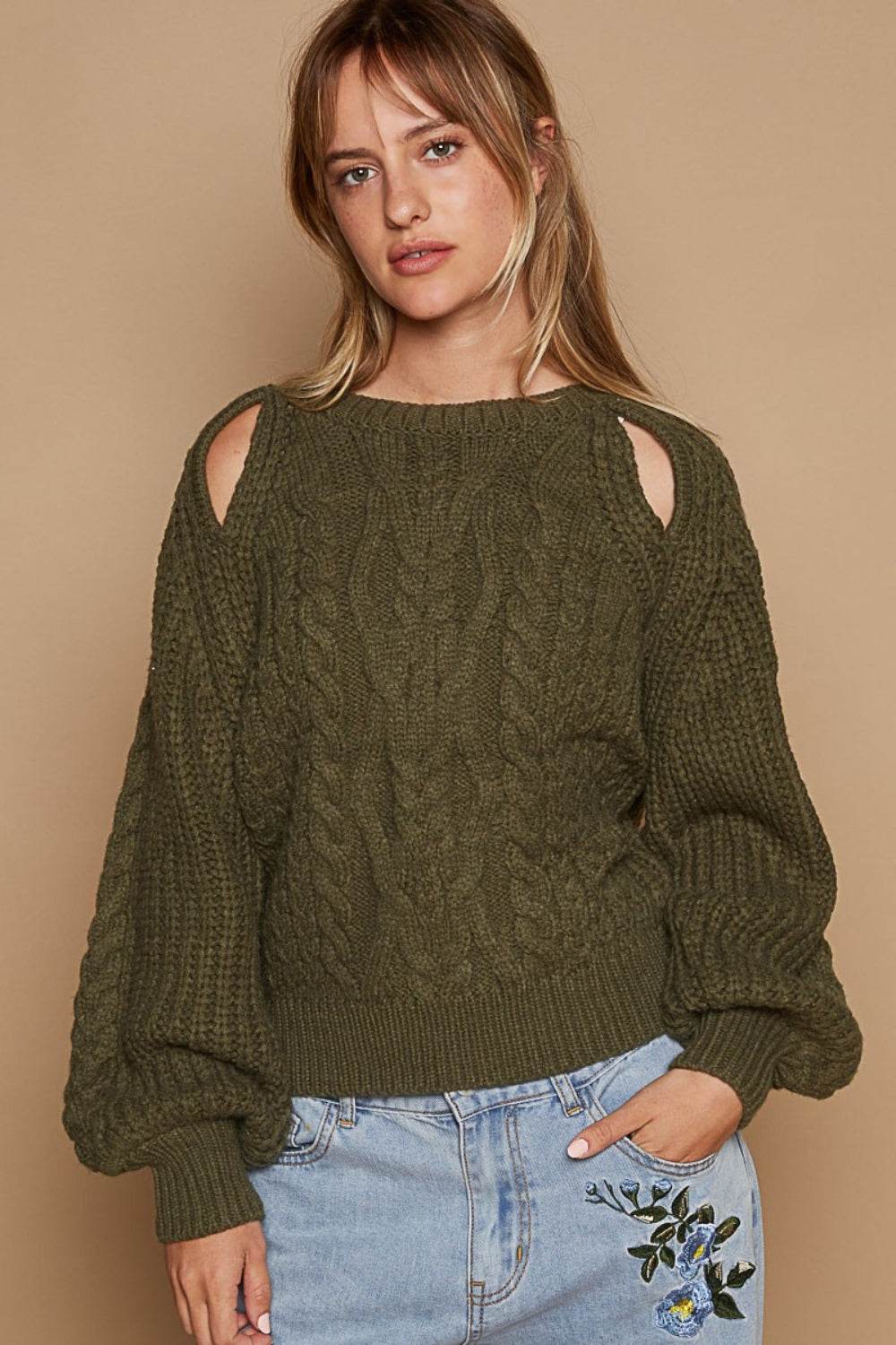 POL Cable Knit Cutout Long Sleeve Sweater - DaTrendStore.Com