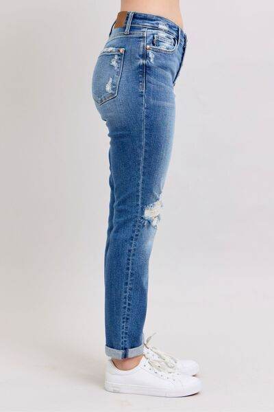 Judy Blue Full Size Button Fly Distressed Jeans with Pockets Plus Size - DaTrendStore.Com