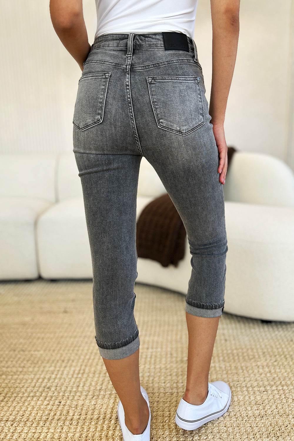 Judy Blue Full Size Button Fly High Waist Cuffed Capris - DaTrendStore.Com