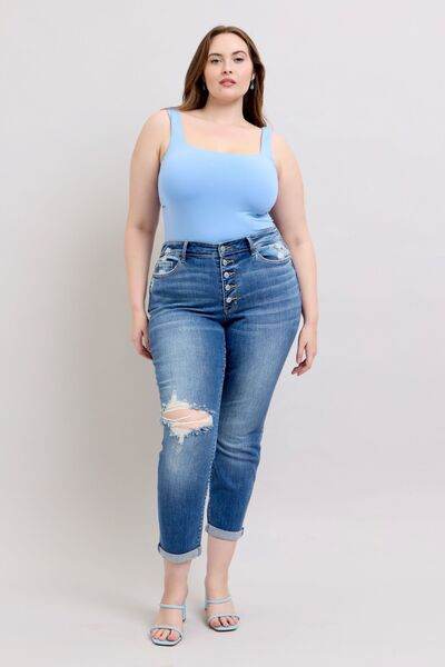 Judy Blue Full Size Button Fly Distressed Jeans with Pockets Plus Size - DaTrendStore.Com