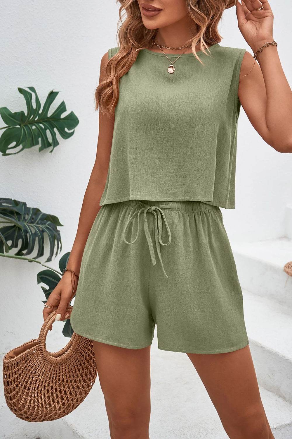 Round Neck Top and Drawstring Shorts Set - DaTrendStore.Com