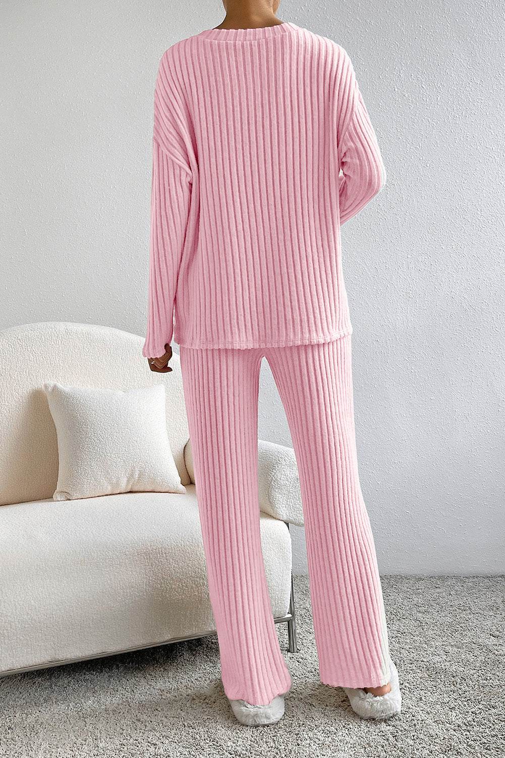 Ribbed V-Neck Top and Pants Lounge Set - DaTrendStore.Com