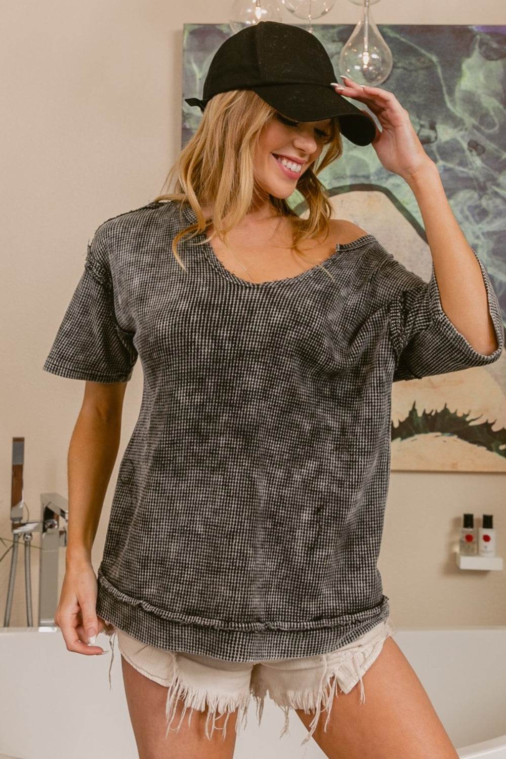 BiBi Washed Notched Short Sleeve Top - DaTrendStore.Com