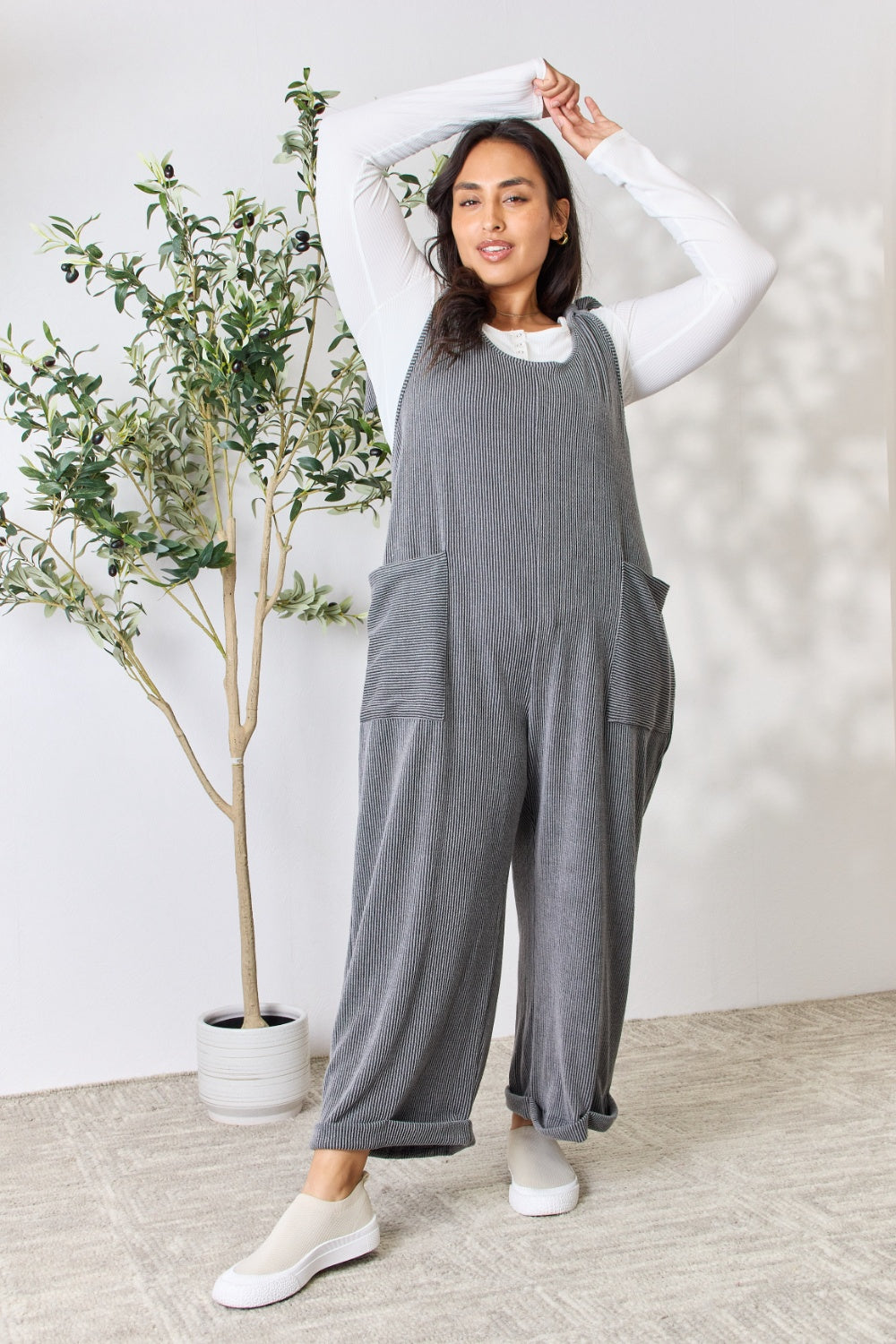 Celeste Full Size Ribbed Tie Shoulder Sleeveless Ankle Overalls