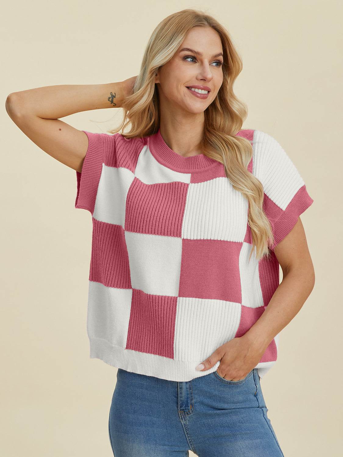 Double Take Full Size Checkered Round Neck Short Sleeve Sweater - DaTrendStore.Com