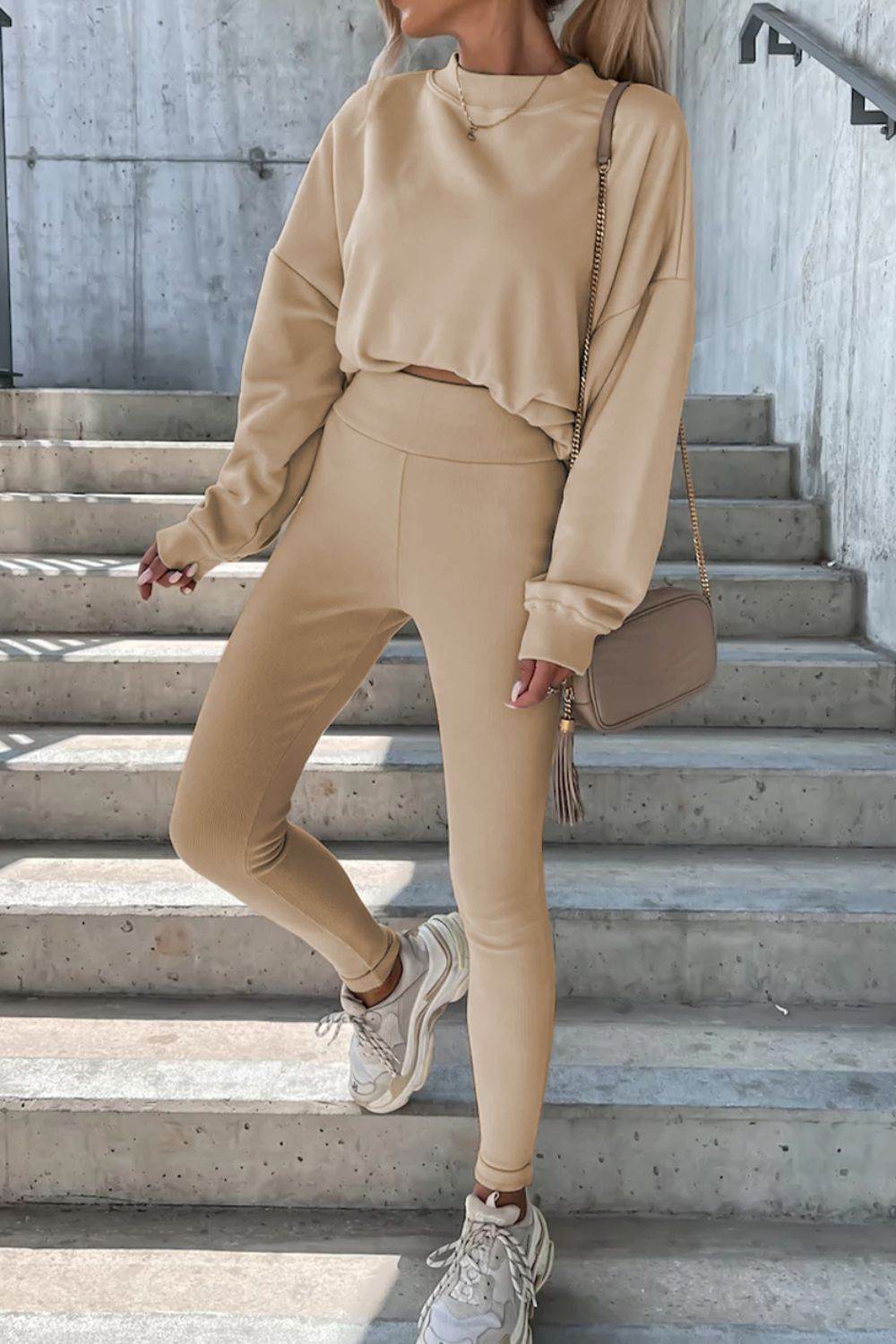 Round Neck Dropped Shoulder Sweatshirt and Pants Set - DaTrendStore.Com