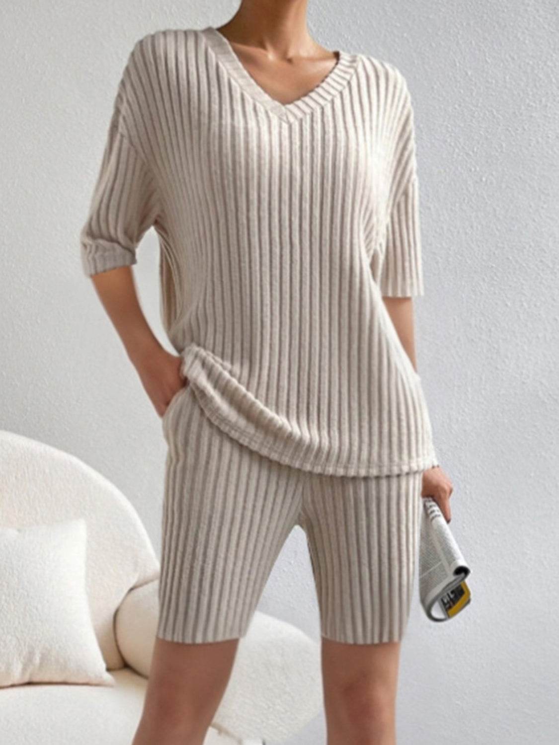 Ribbed V-Neck Top and Shorts Set - DaTrendStore.Com
