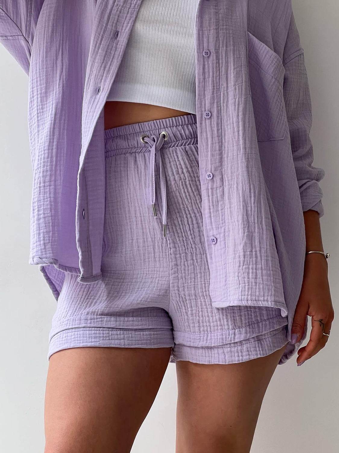 Texture Button Up Shirt and Drawstring Shorts Set - DaTrendStore.Com