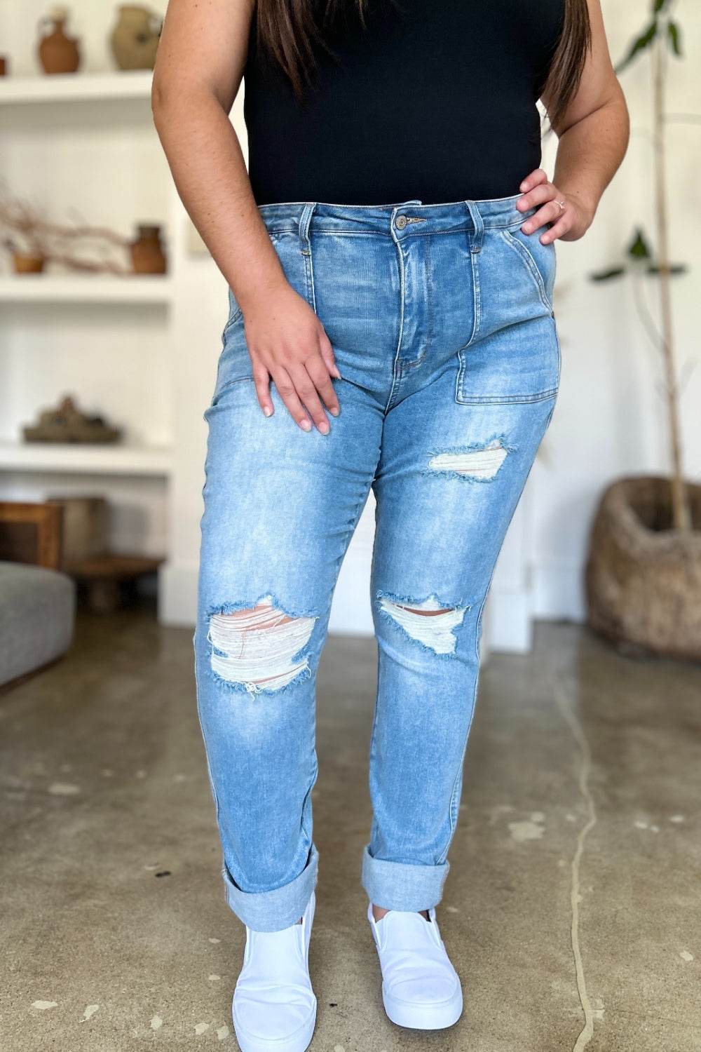 Judy Blue Full Size Distressed Straight Jeans with Patch Pockets - DaTrendStore.Com