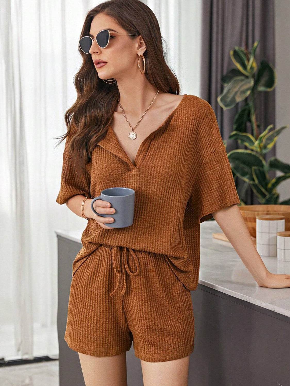 Full Size Waffle-Knit Dropped Shoulder Top and Shorts Set - DaTrendStore.Com