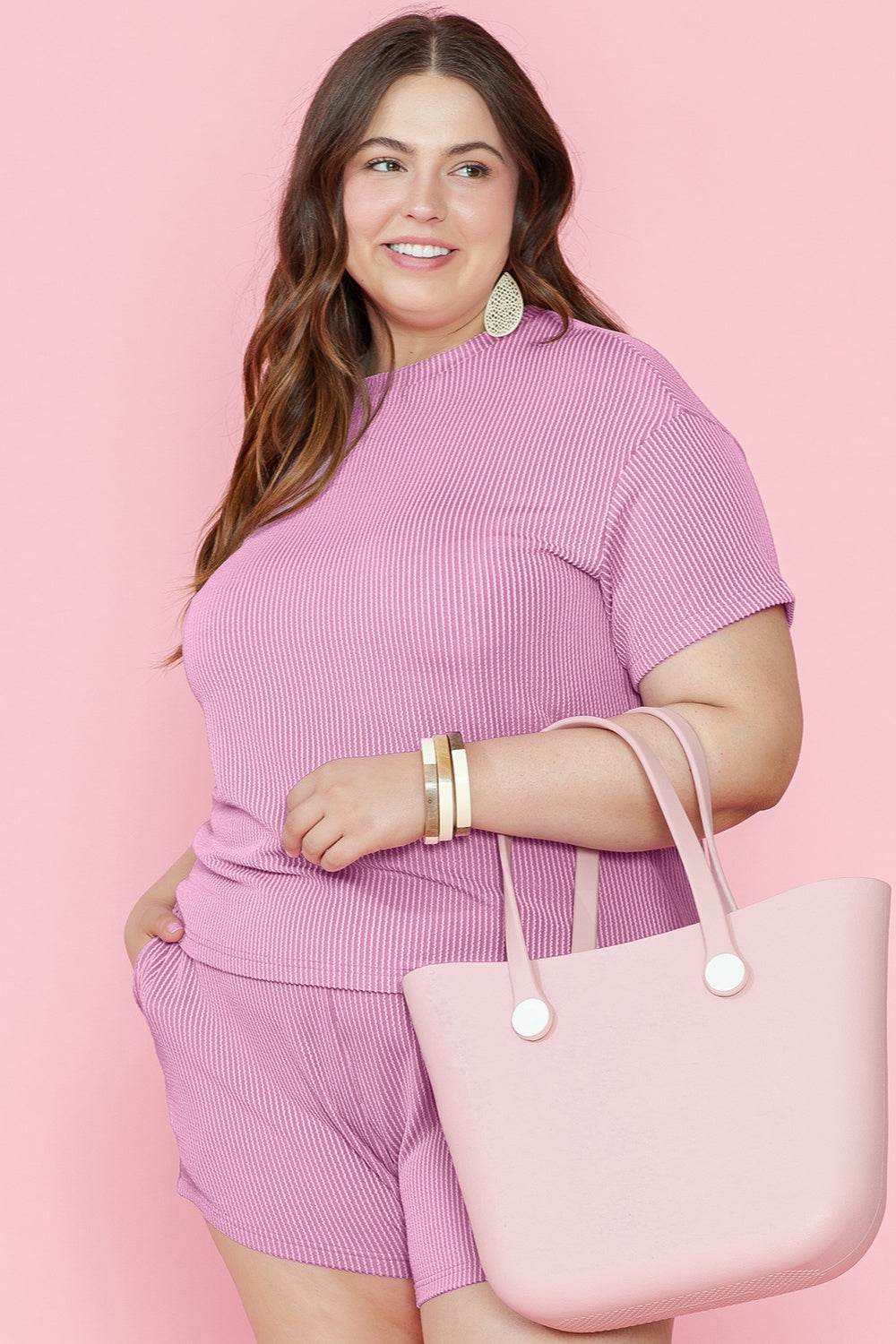 Plus Size Round Neck Short Sleeve Top and Shorts Set - DaTrendStore.Com
