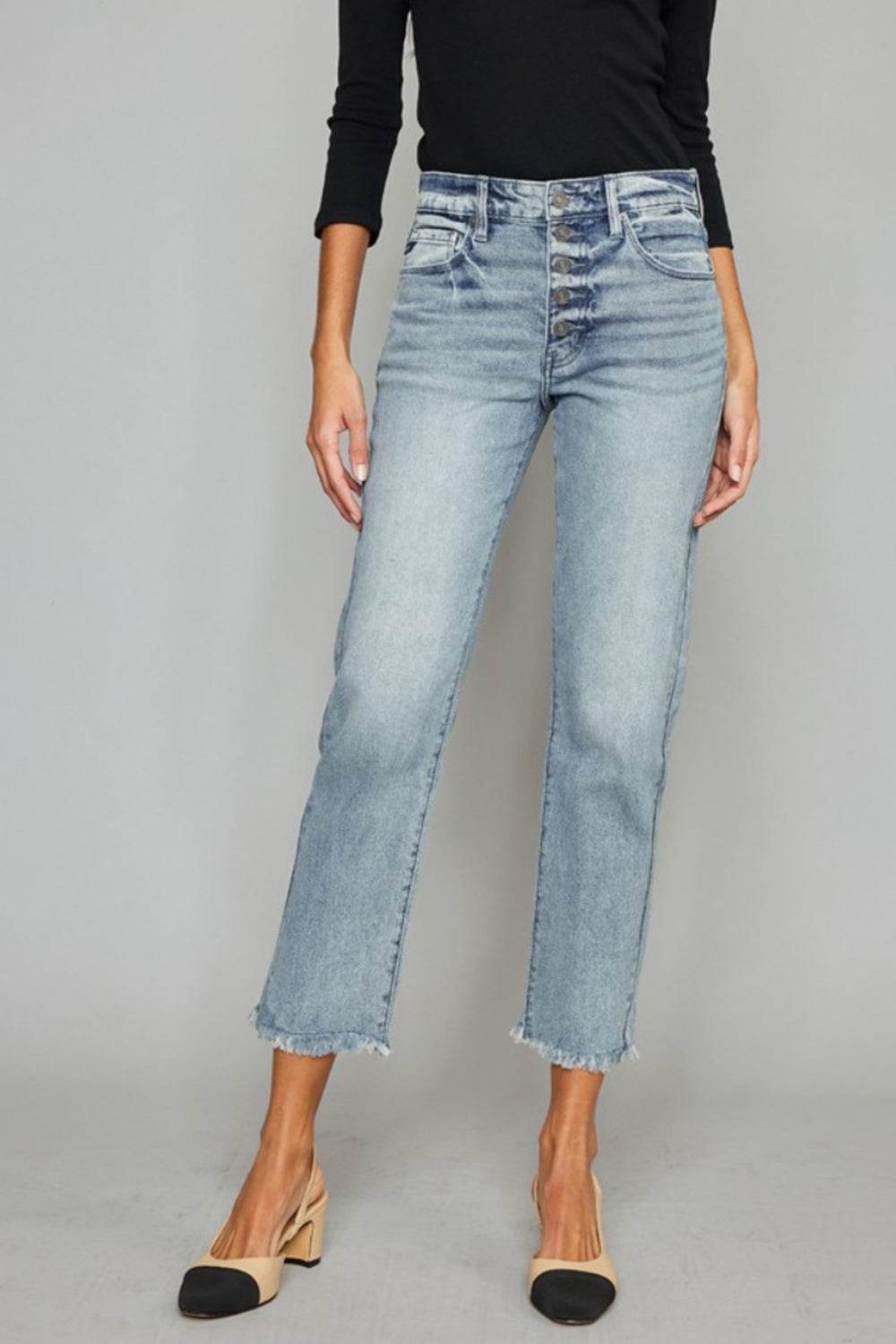 Kancan High Waist Button Fly Raw Hem Cropped Straight Jeans - DaTrendStore.Com
