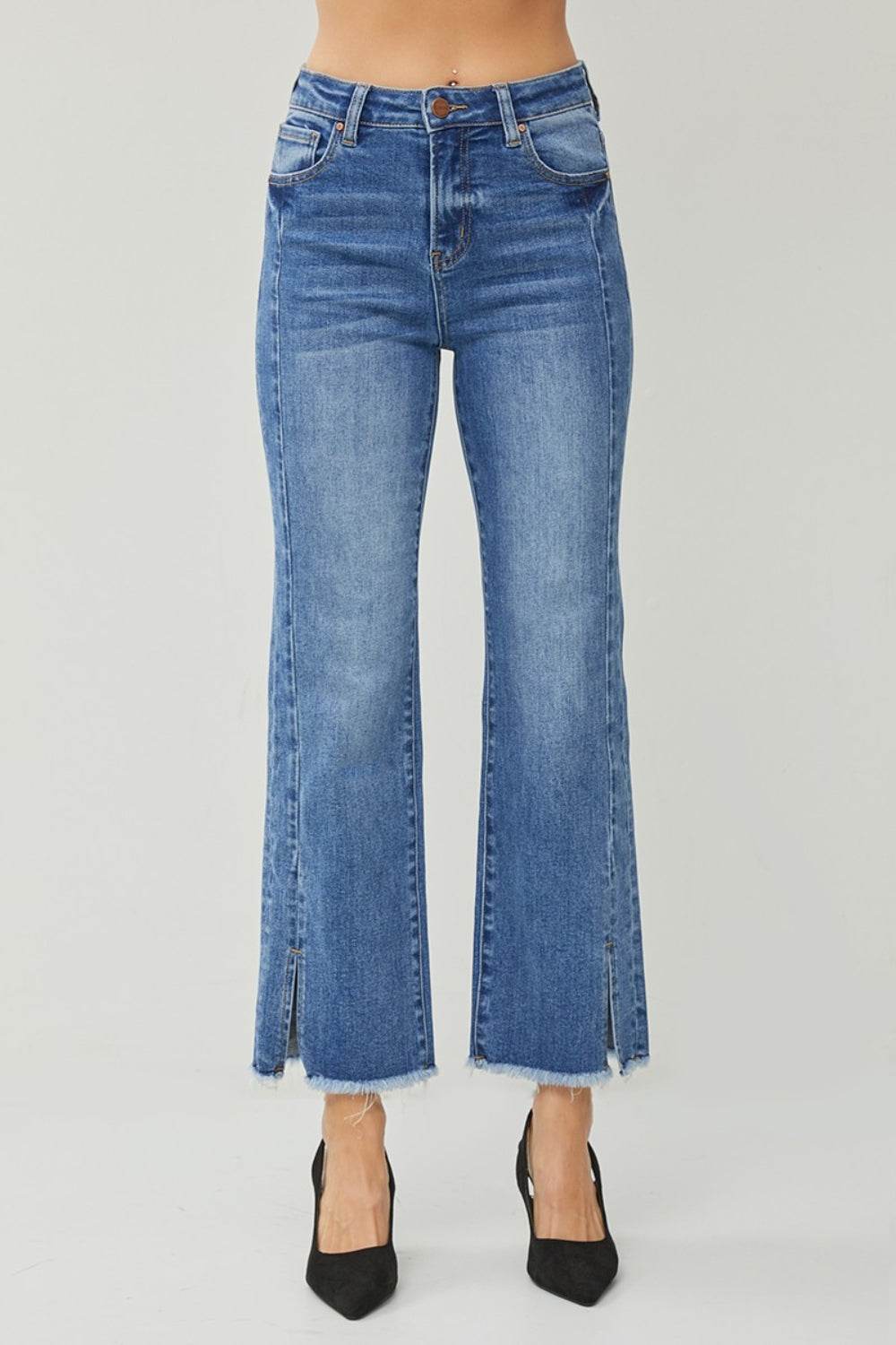 RISEN High Waist Raw Hem Slit Straight Jeans - DaTrendStore.Com